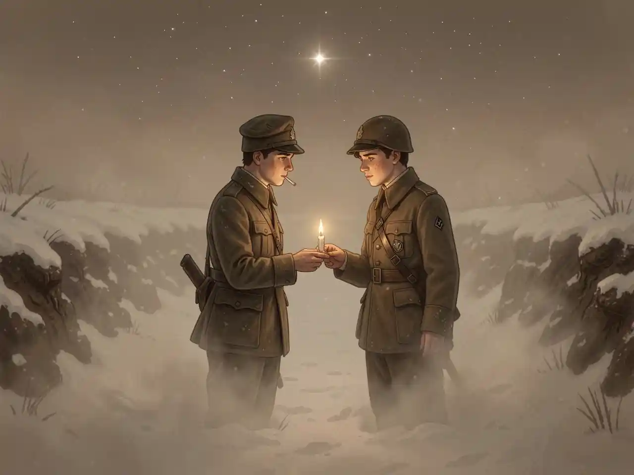 A British and a German soldier sharing a light in No Man's Land on a snowy night, symbolizing the forgotten humanity of the 1914 Christmas Truce.