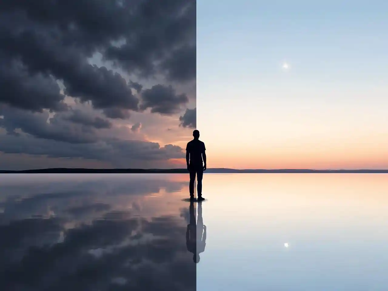A calm human silhouette standing before a lake at dusk, with the sky split between a dark, stormy side and a bright, clear side, symbolizing the internal tug between what drains and what drives us