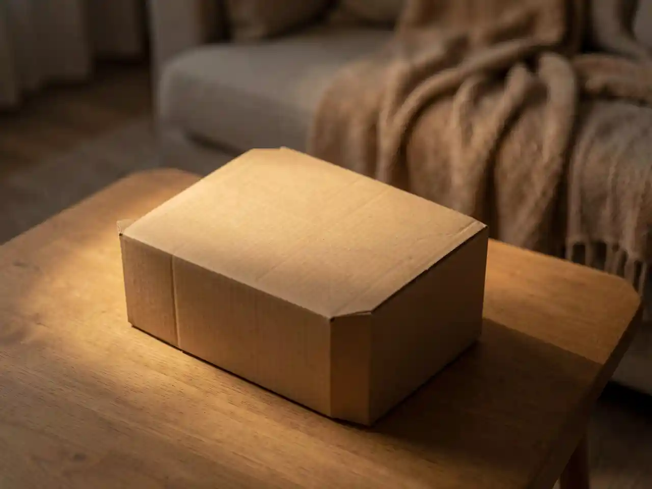 A closed cardboard box illuminated on a wooden table, with a blurry, inviting couch in the background, symbolizing the choice between unseen faith and visible comfort