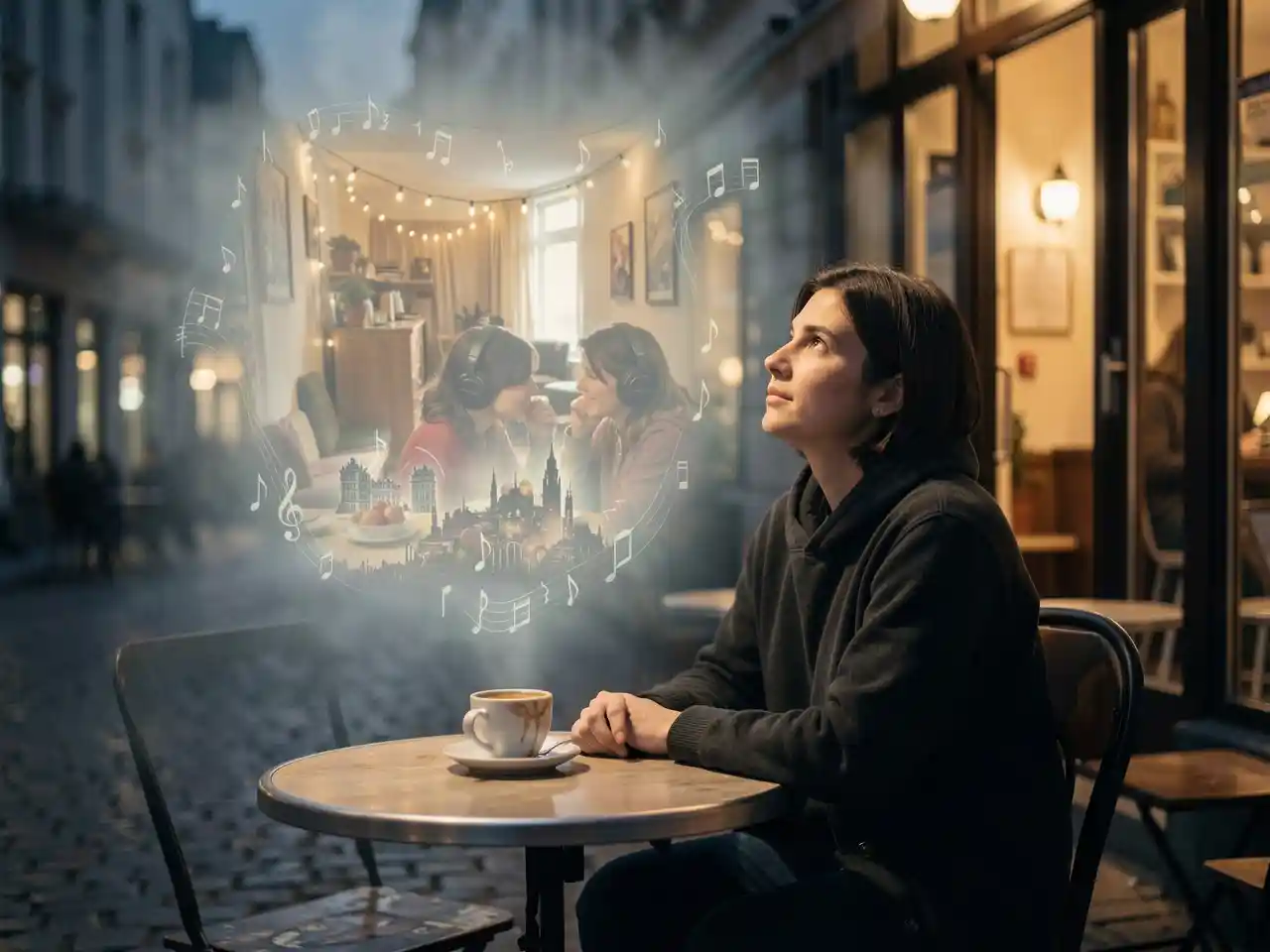 A person alone at a nighttime café, with ghostly musical notes and a fragmented memory of a hostel and two people sharing headphones floating above, symbolizing a past travel romance forever tied to a song