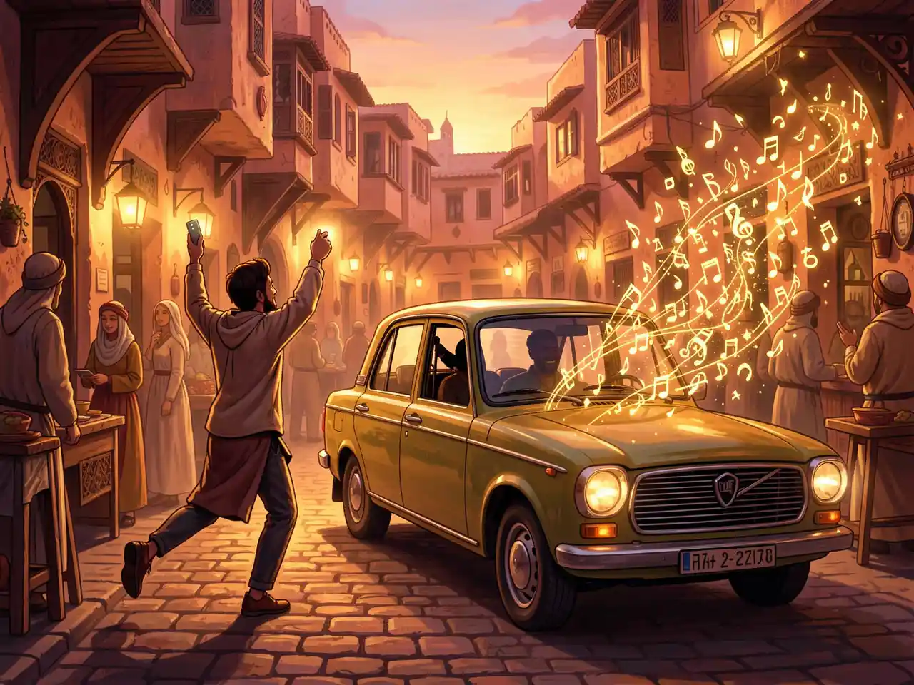 A person chasing a vintage taxi through a golden Marrakech medina at dusk, with luminous musical notes flowing from the window, symbolizing a spontaneous encounter that leads to love, fame, and a life-changing story