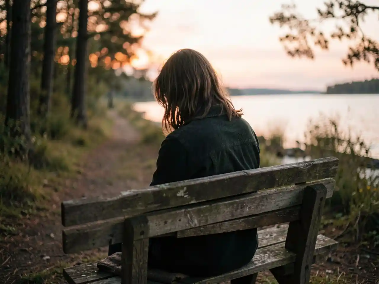 A person sitting alone on a bench in a peaceful natural setting at dusk, symbolizing the sacred act of pausing and listening to the whispers within.