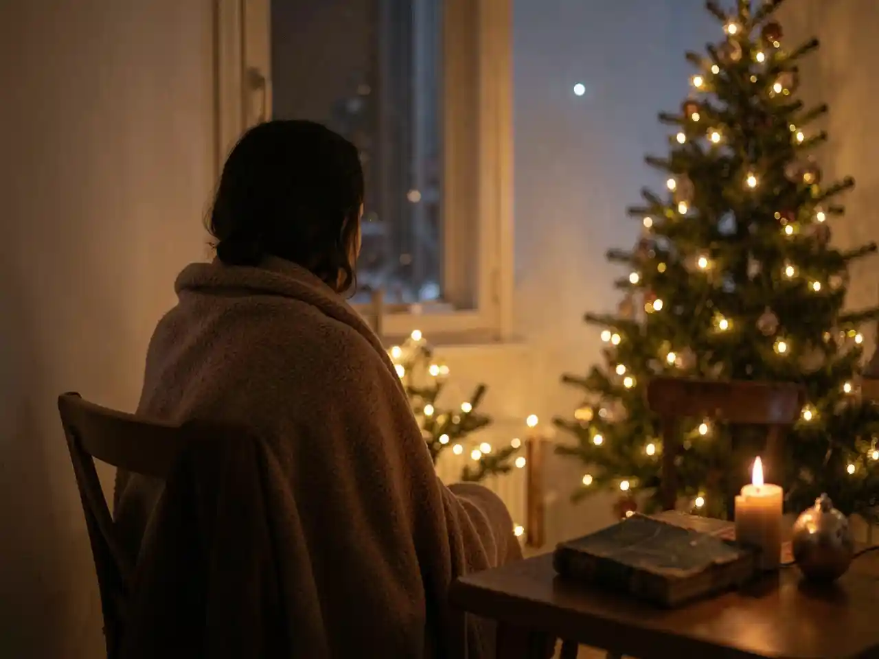 A person sitting quietly by a warm Christmas tree, looking out at a winter night, symbolizing the sacred pause, reflection, and quiet strength of the season.