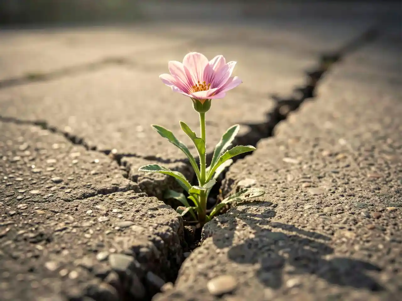 A resilient green plant growing through a crack in a concrete pavement, illuminated by soft light