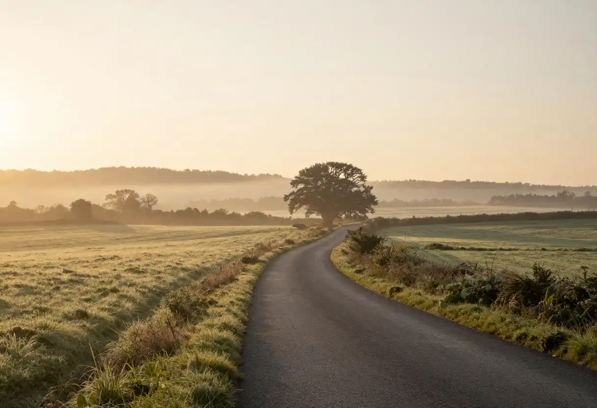 A peaceful path winding toward a bright horizon at sunrise, symbolizing hope and the journey of beginning again