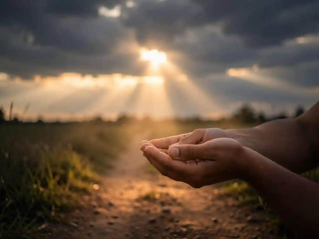 A single ray of sunlight breaking through dark clouds onto an open path, symbolizing hope, divine restoration, and life returning to what seemed lost