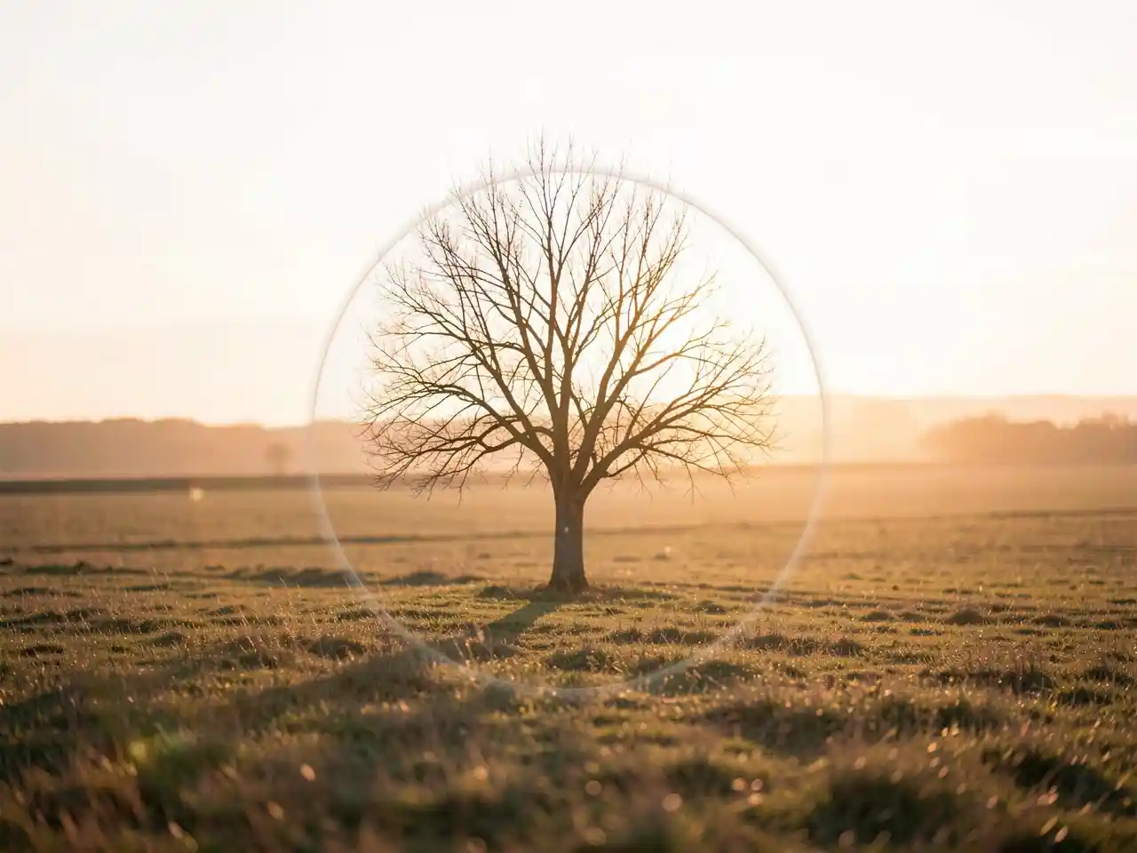 A solitary tree at dawn in a vast field, with a faint circular overlay, symbolizing finding purpose and significance within life's repetitive cycles