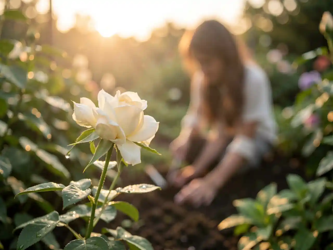 Close-up of a single flower slowly unfurling its petals in soft, golden light, with a faint silhouette of a person tending a lush garden in the background, symbolizing the soul's healing and unfolding like a garden
