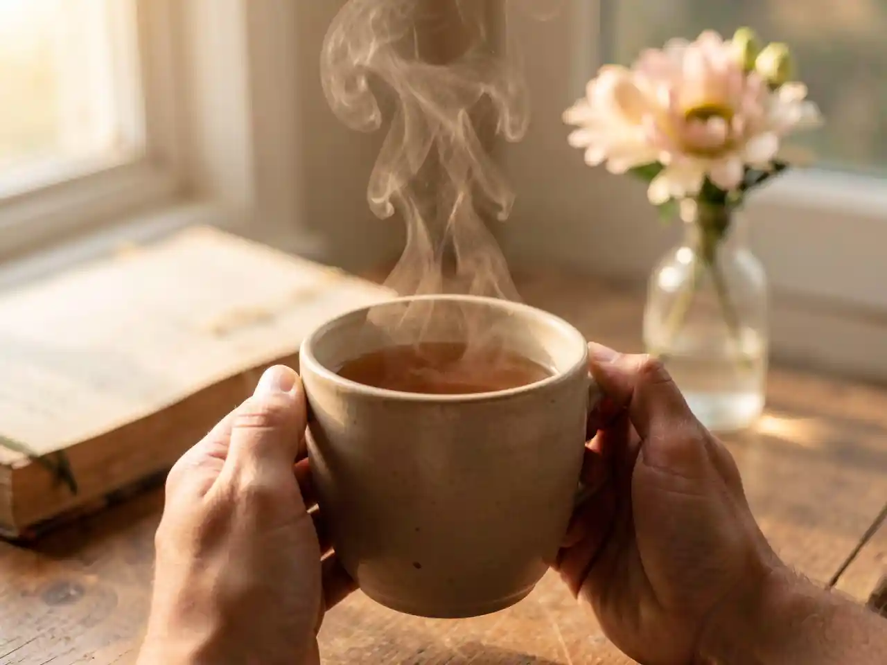 Close-up of hands holding a warm ceramic mug of tea, with a book and soft sunlight in the background, symbolizing the peace and sufficiency of simple, intentional moments