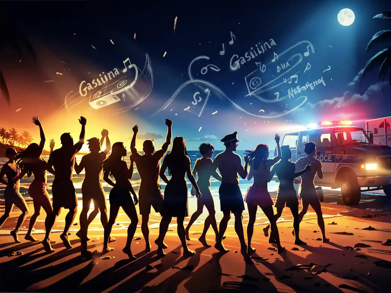 Dynamic illustration of a moonlit beach with a conga line fleeing a rave under police floodlights, a floating speaker, and a police truck, capturing the chaotic, unforgettable travel telenovela moment