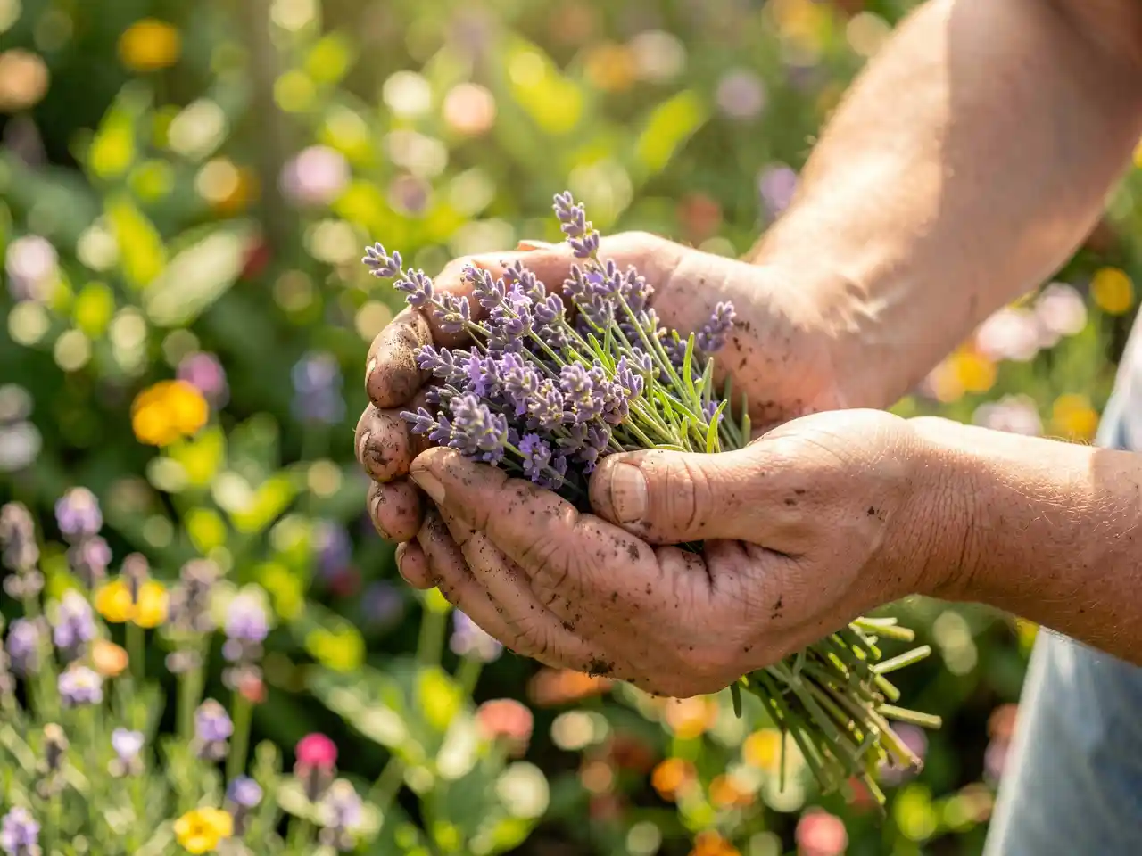 Hands gently holding fresh lavender and rosemary, with a soft, sunlit garden background