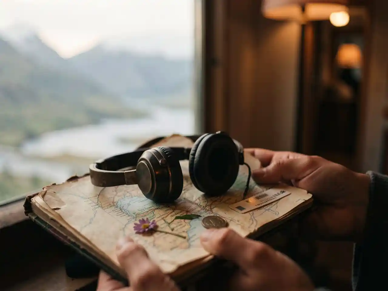 Hands holding an open travel journal with vintage headphones and a pressed flower, with a hazy landscape in the background, symbolizing the deep connection between travel, music, and personal memory