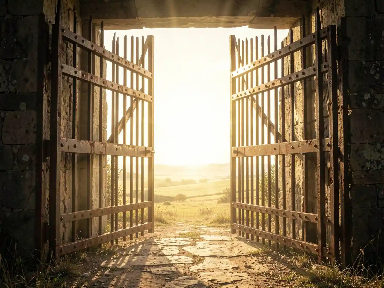 Heavy iron gates opening to a bright landscape beyond, symbolizing the weight, cost, and true purpose of freedom as a sacred responsibility
