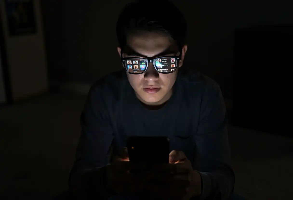 Smartphone glow reflecting in glasses during late night scrolling