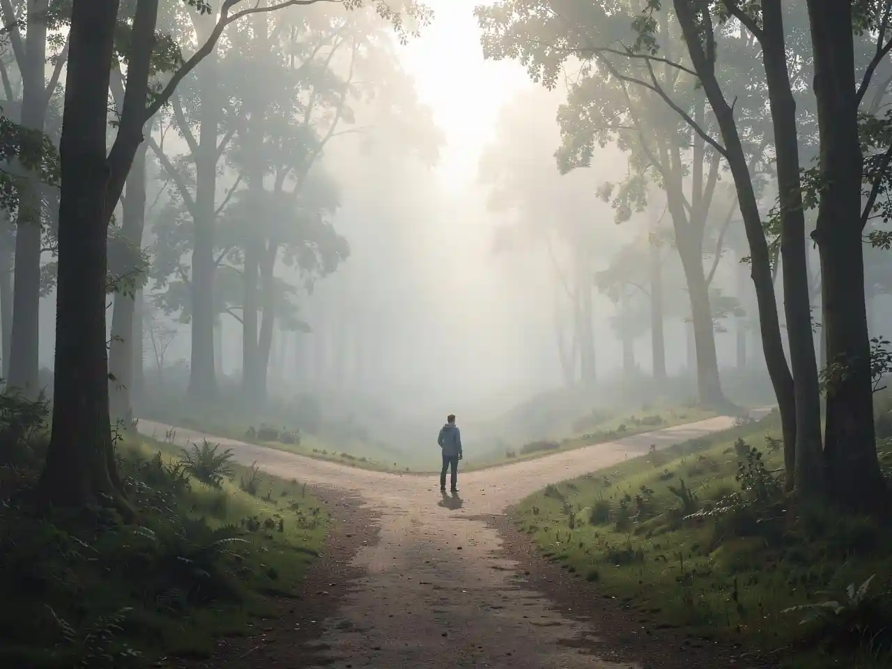 Person standing at a fork in a misty forest path, looking toward multiple directions