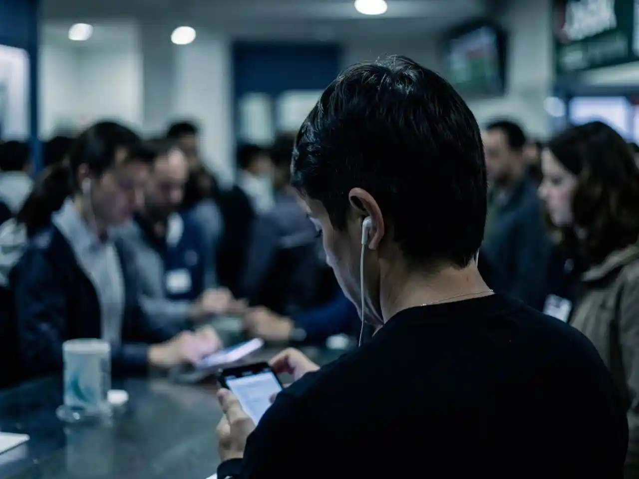 Person standing in line wearing earbuds and looking at a phone, with the people around them blurred, symbolizing modern disconnection and feeling invisible in public spaces