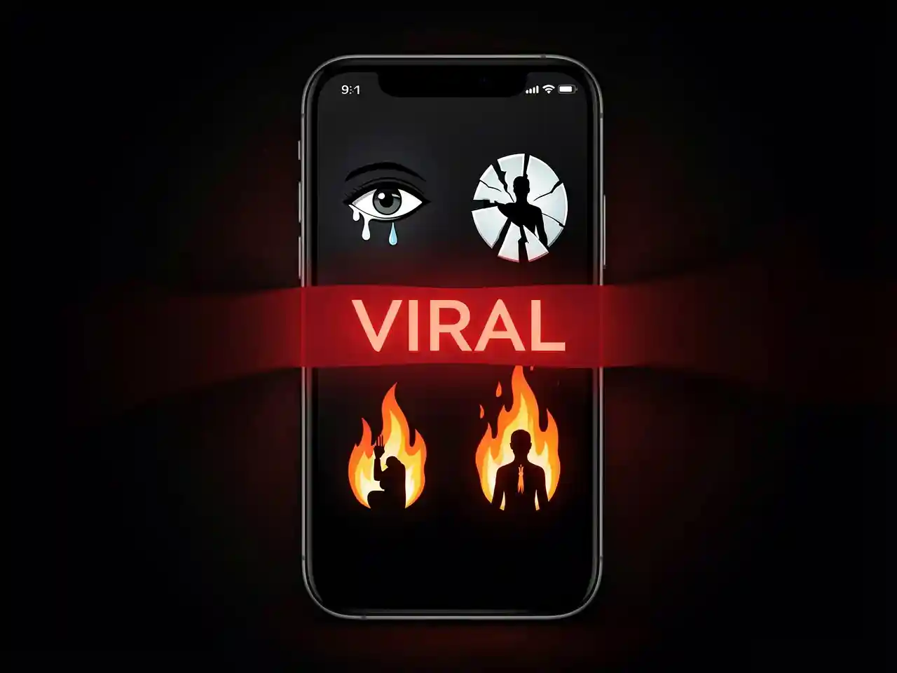 Smartphone screen displaying viral icons replaced by symbols of shame, a broken mirror, and a flame, representing the digital age's trade of dignity for attention