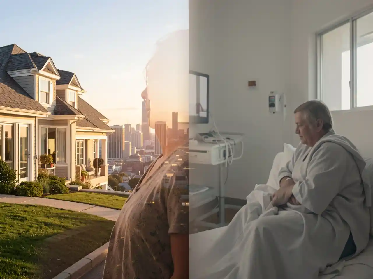 Split image showing a prosperous city view on one side and a quiet hospital room on the other, blending in the middle
