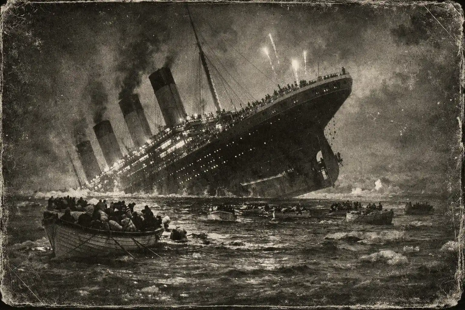Titanic sinking in the Atlantic Ocean with lifeboats escaping into the darkness