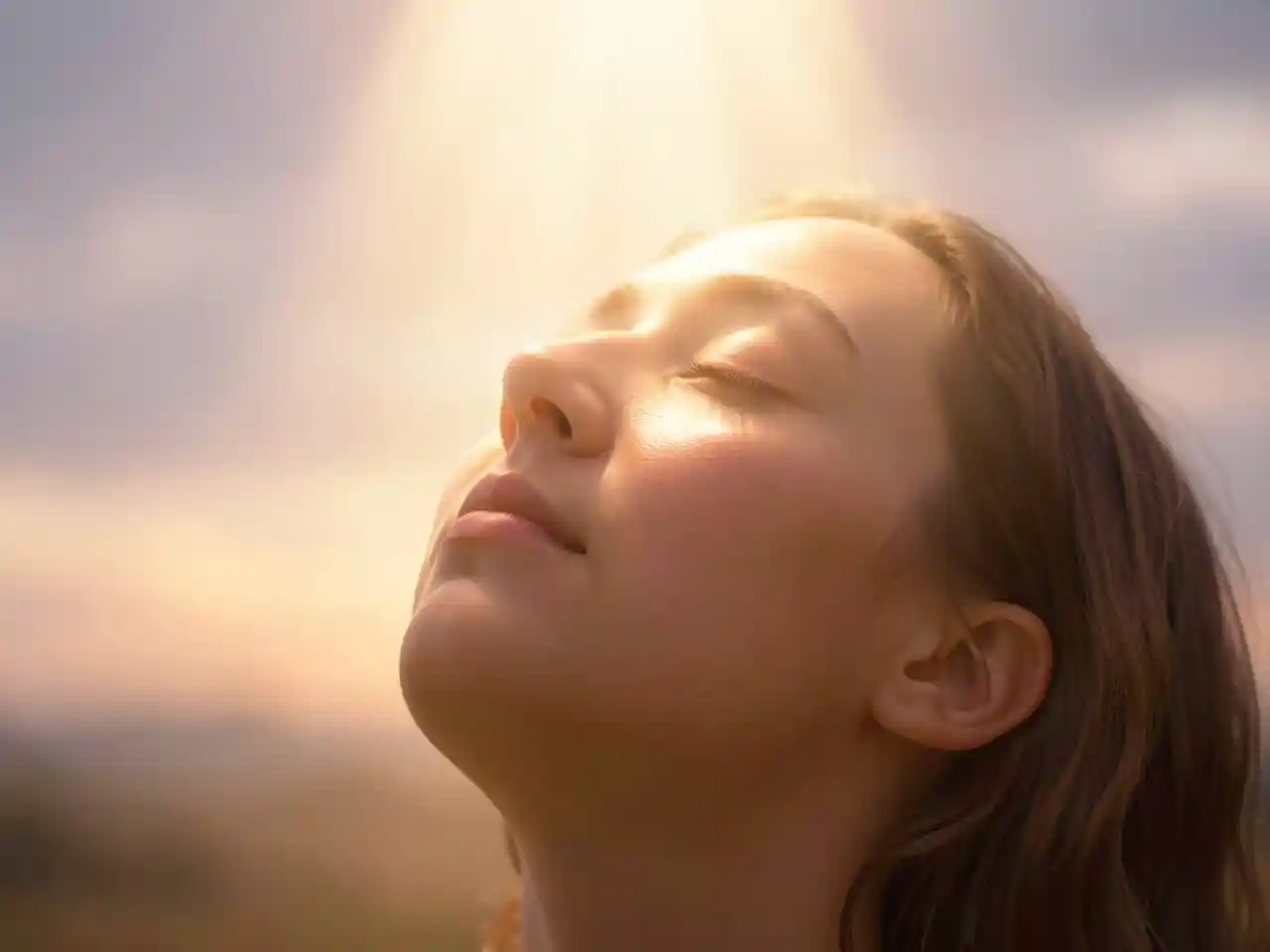 Upturned Face in Divine Light: A Moment of Surrender and Spiritual Filling