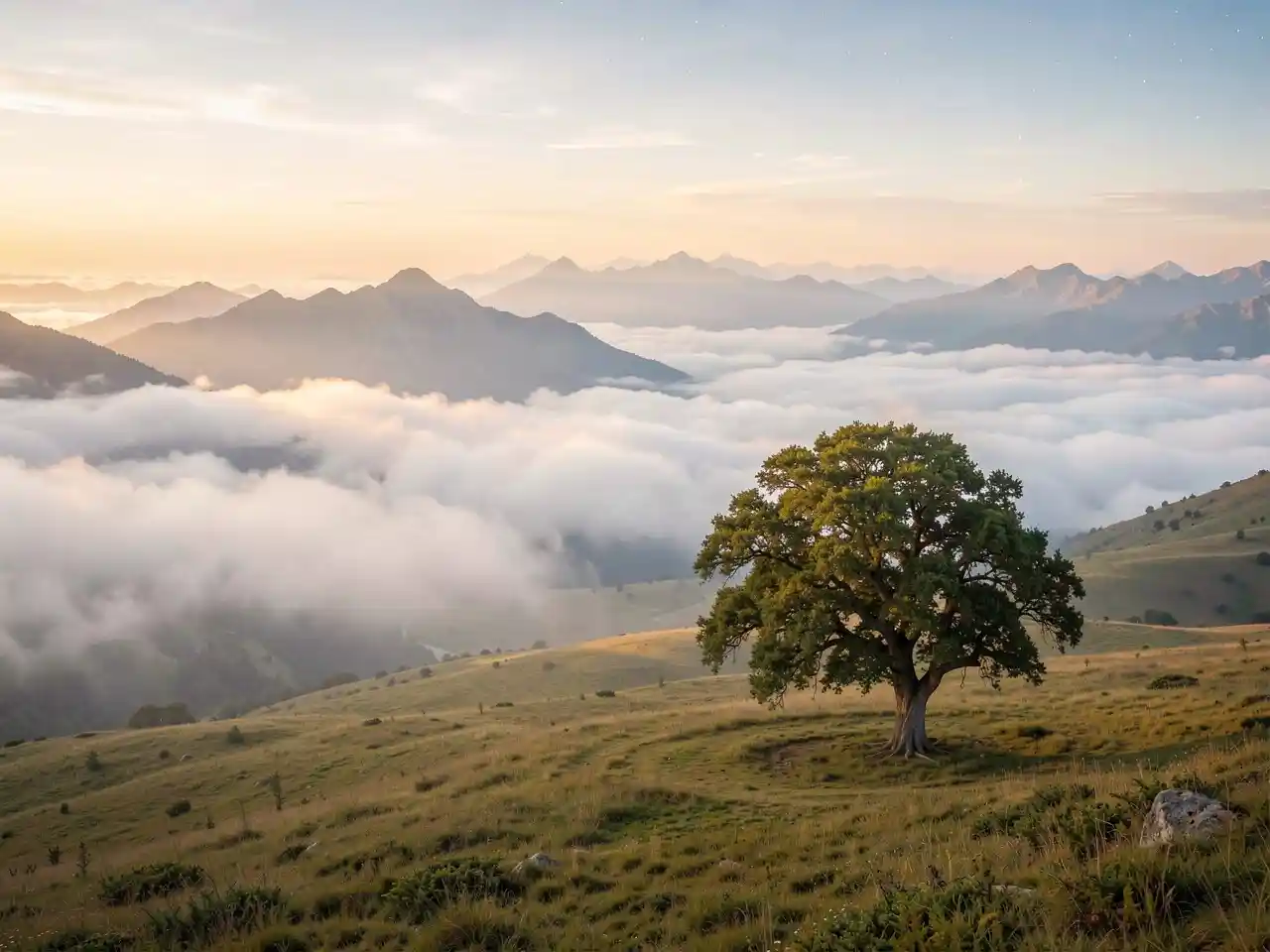 Vast, serene landscape of mountains at dawn under a starry sky, evoking awe, humility, and the eternal truth that nothing is impossible with God