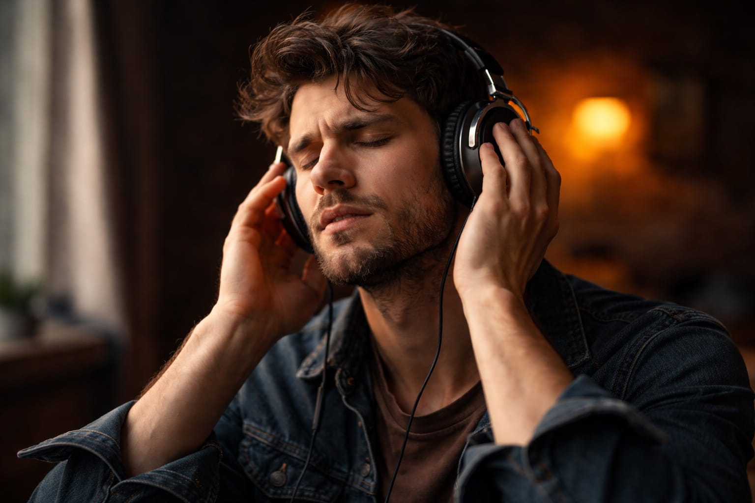 Caucasian man listening to a music