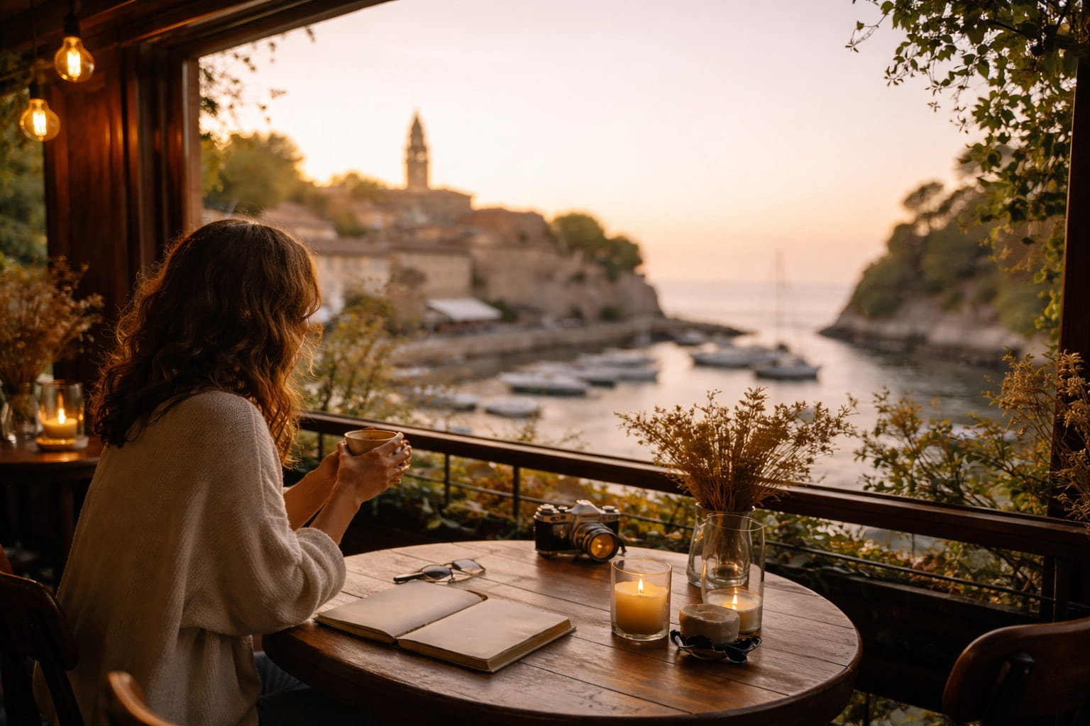 woman by the seaside cafe