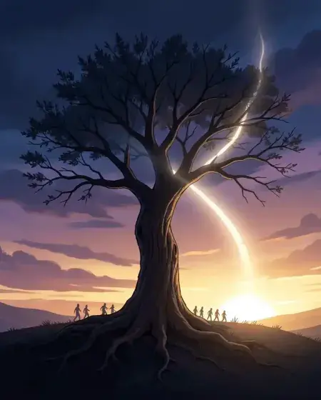 A solitary, deeply rooted tree standing strong on a hilltop at dawn, slightly bent but unbroken, with a luminous path of light extending from its branches into a hopeful sunrise