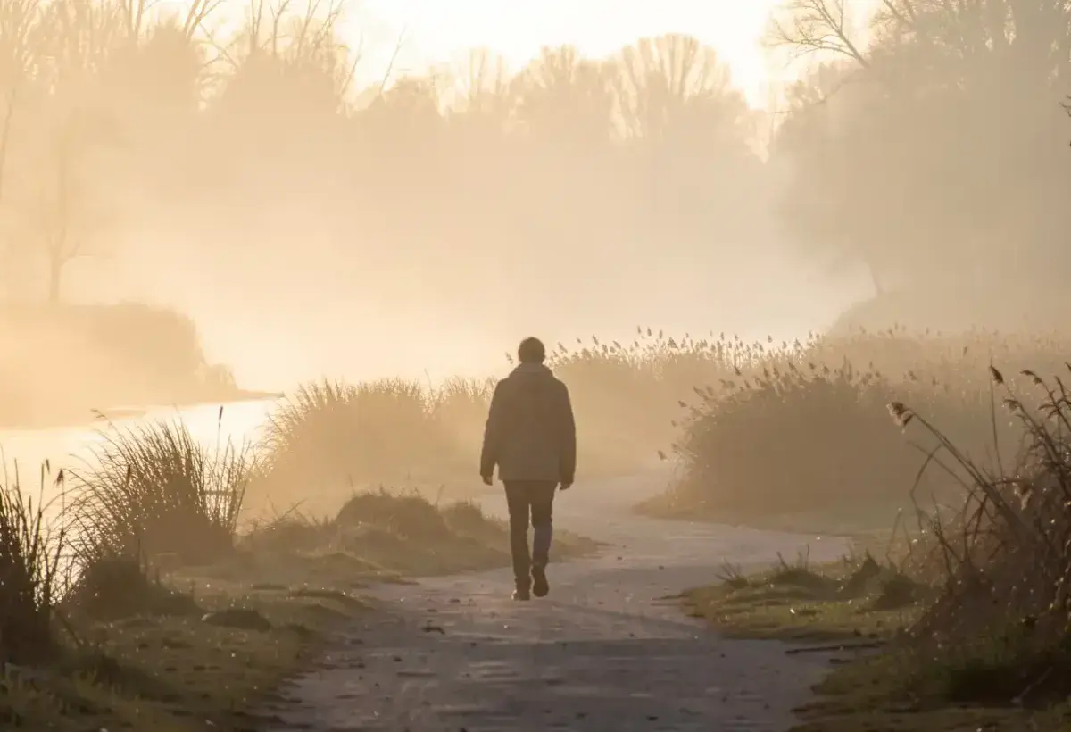 A lone figure walking along a path with light ahead