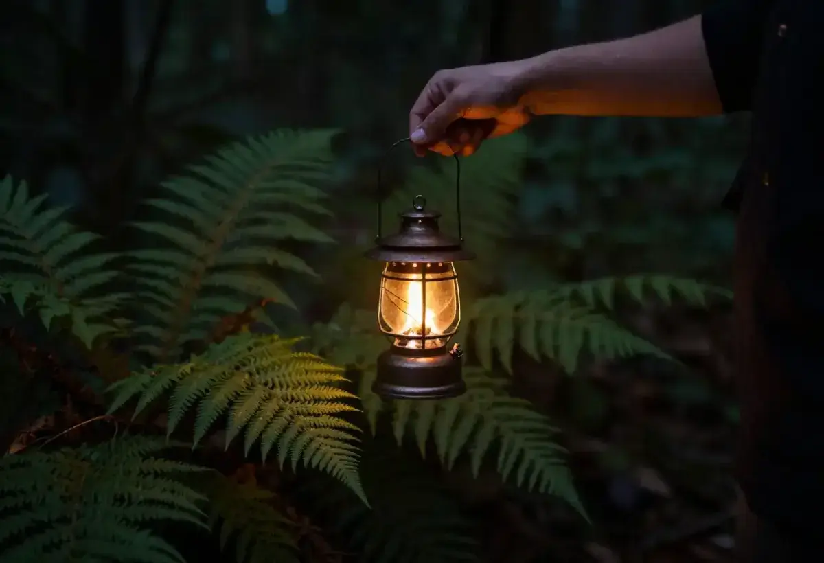  A person holding a small flame or lantern in a dark forest