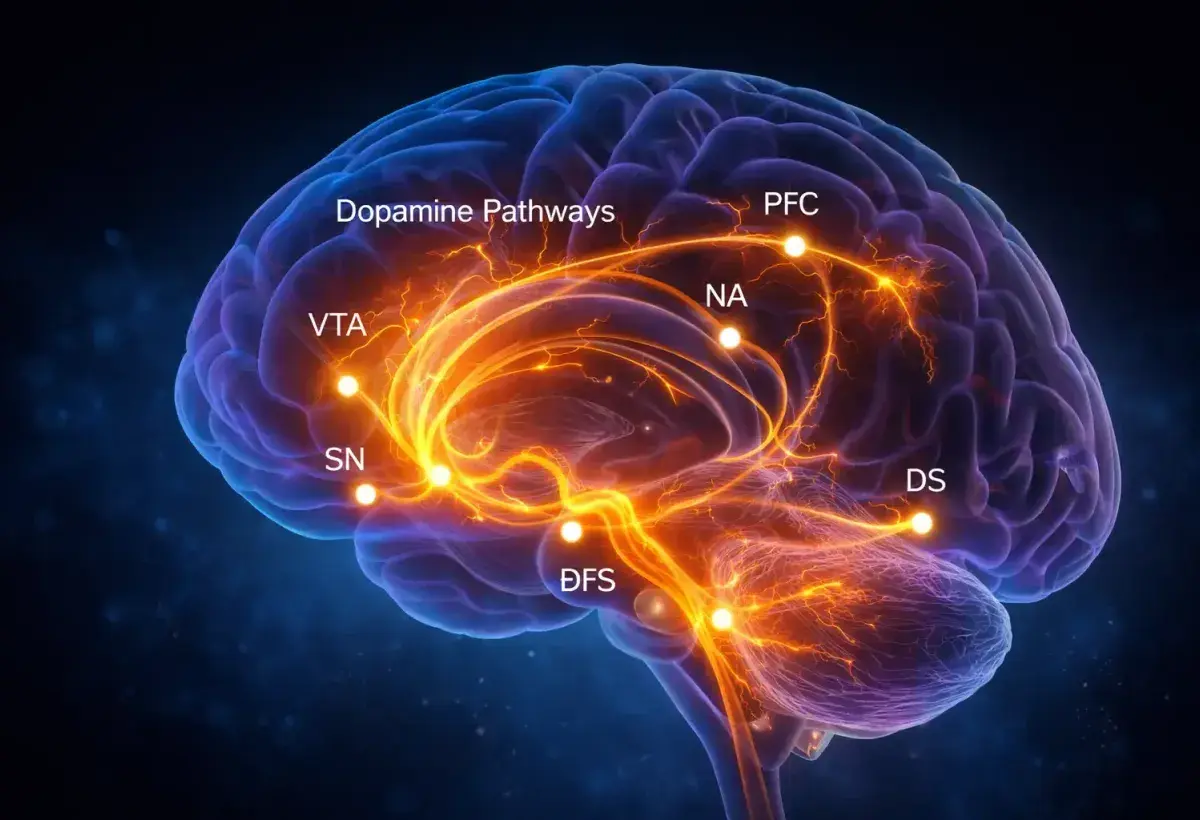 Scientific illustration of dopamine pathways in the human brain