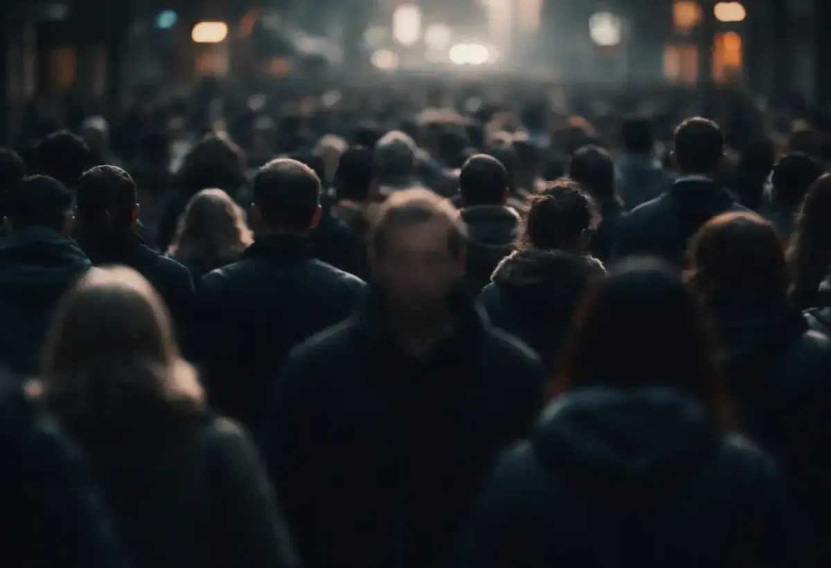 Crowds of people with blurred faces, conveying anonymity and indifference