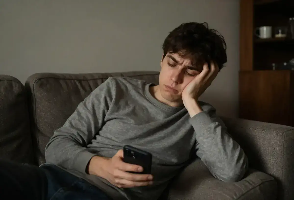 Individual appearing disengaged while scrolling on smartphone