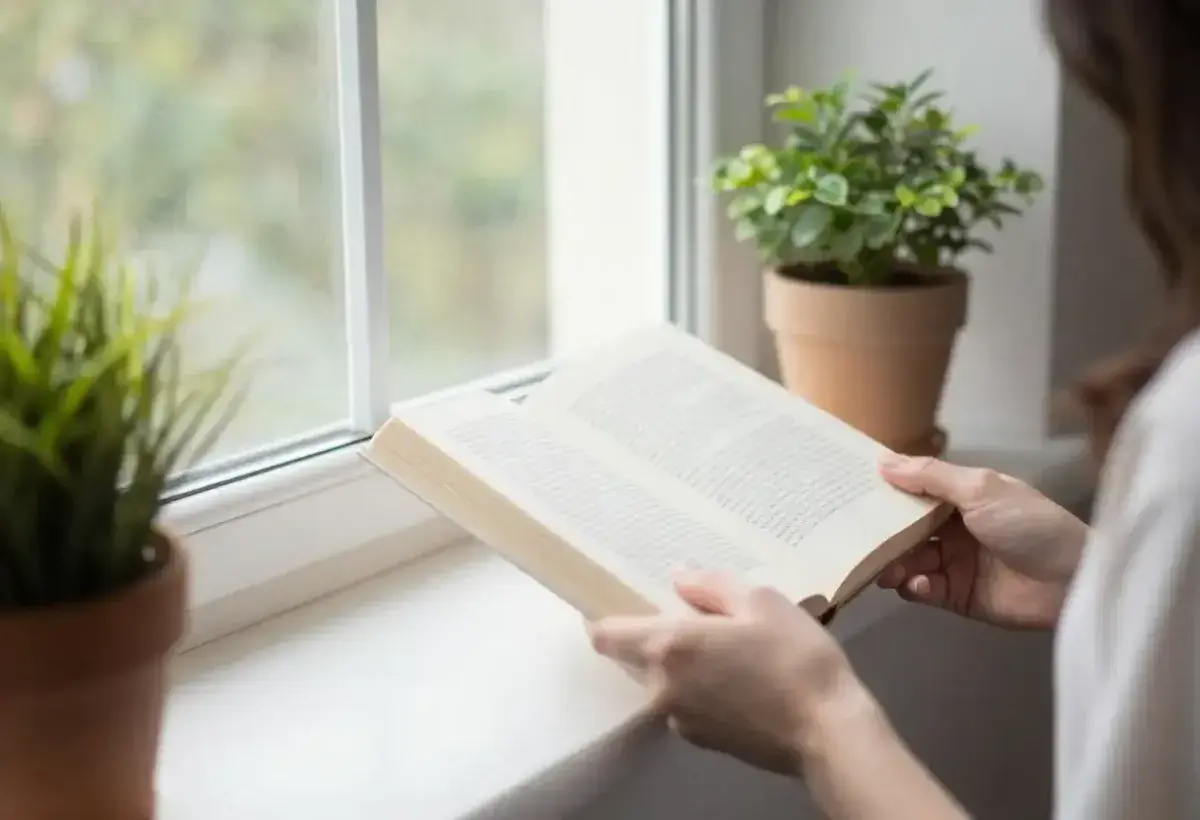 Person reading a physical book near a window with natural light