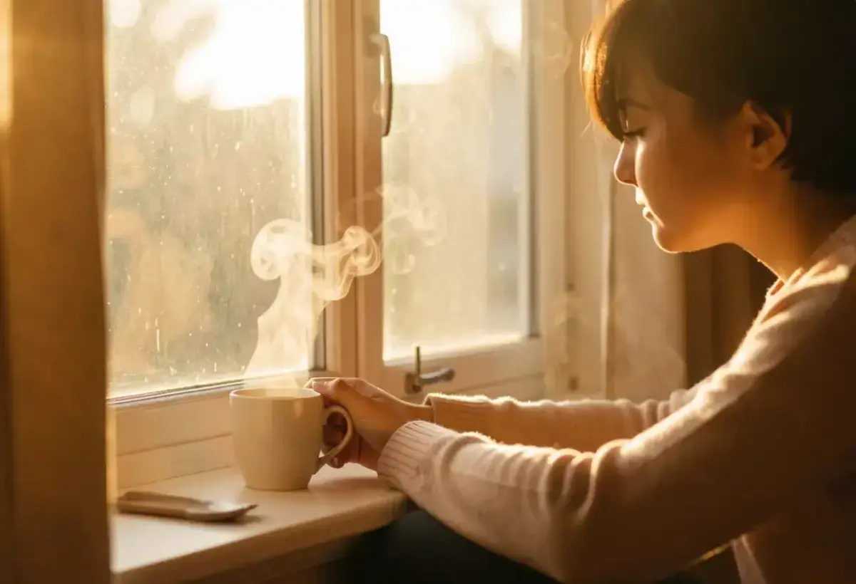 Person sitting peacefully by window with tea and soft morning light