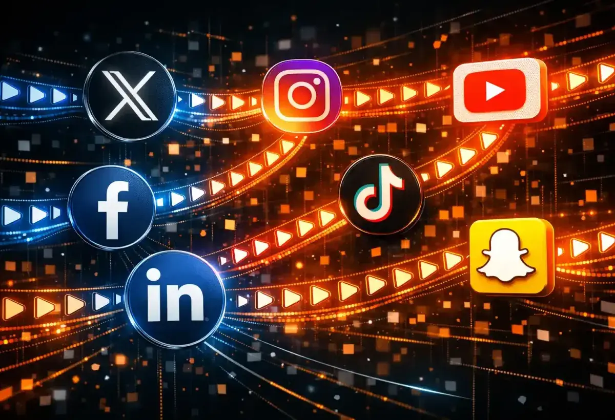 Social media platforms connected through flowing digital video content