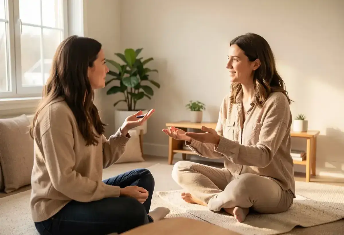 Therapist assisting client in cognitive behavioral therapy session for anxiety management