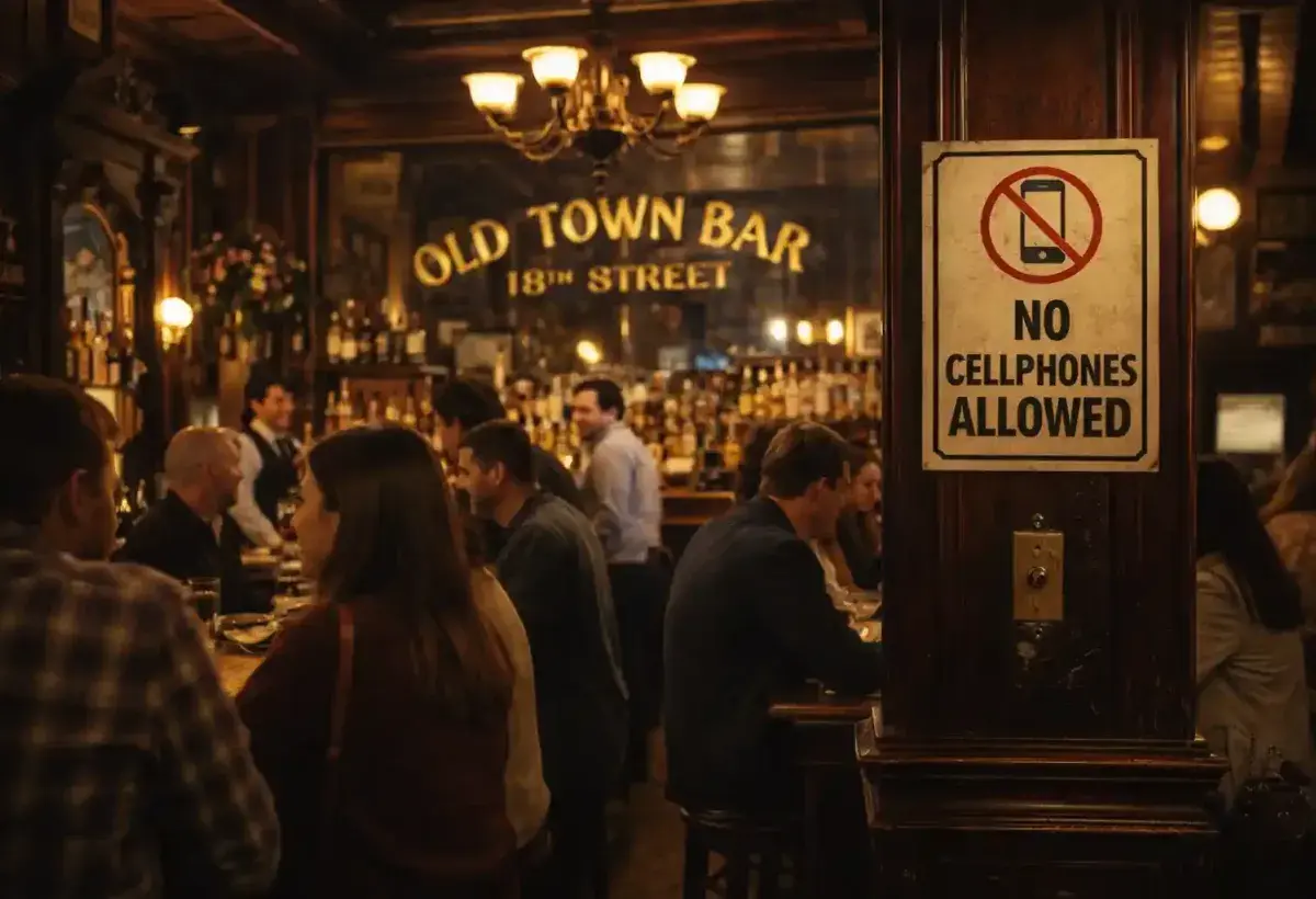 Traditional New York City bar called Old Town Bar on 18th Street with No Cellphones Allowed sign atmosphere encouraging conversation instead of cellphone use