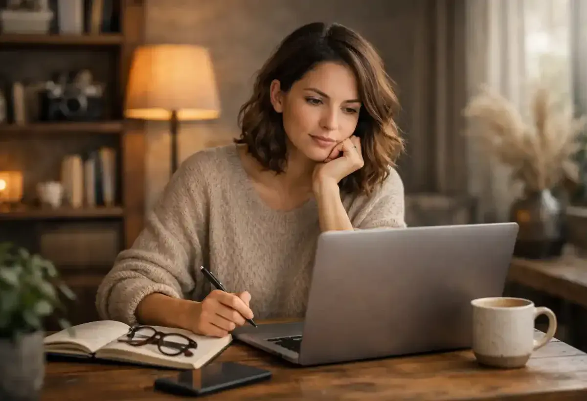 A content creator thoughtfully working on a laptop in a quiet space