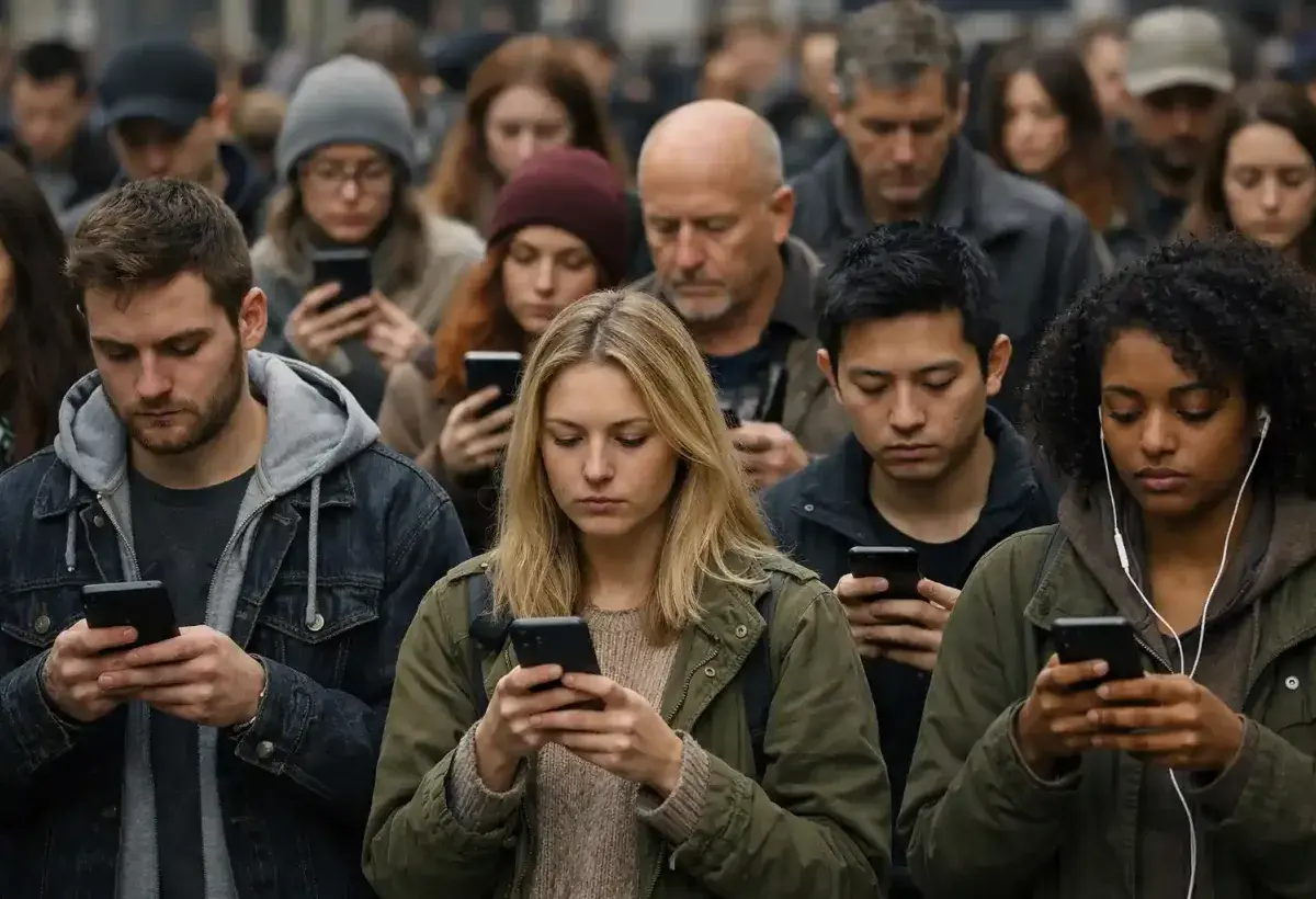 A crowd of people looking at their phones with disconnected expressions