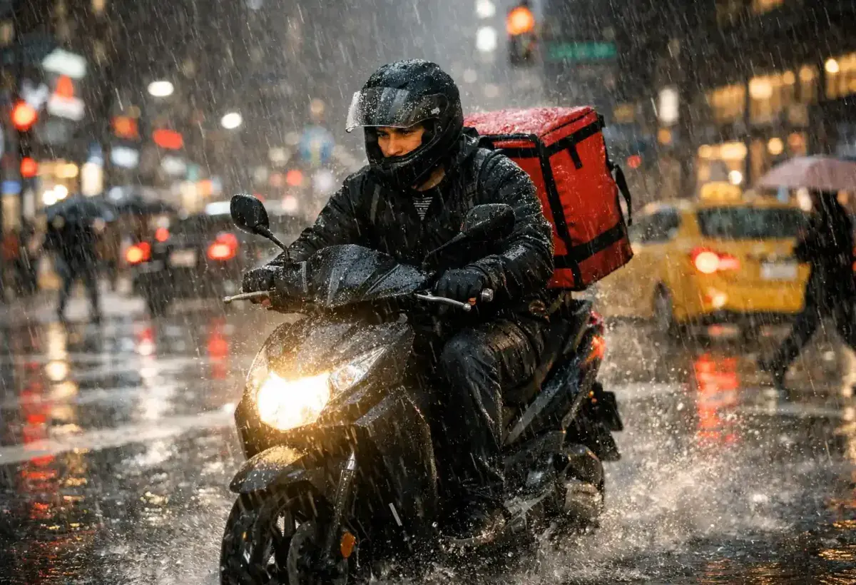 A delivery rider driving through heavy rain in a busy city street
