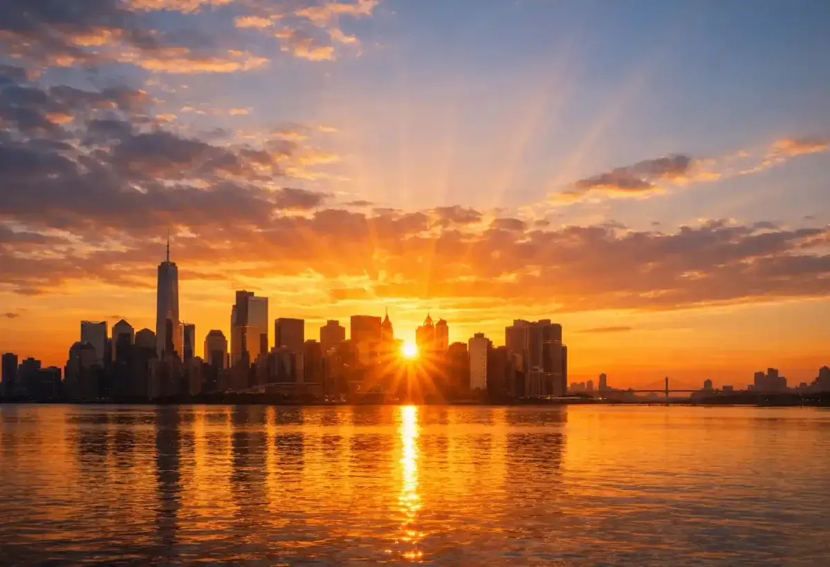 A hopeful sunrise over a city skyline symbolizing change and awareness