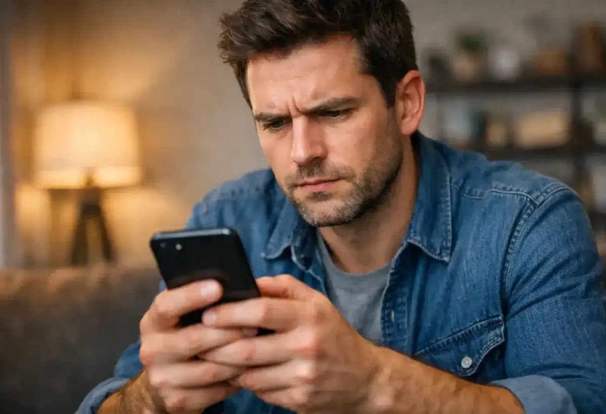 A person scrolling on a smartphone with a concerned expression