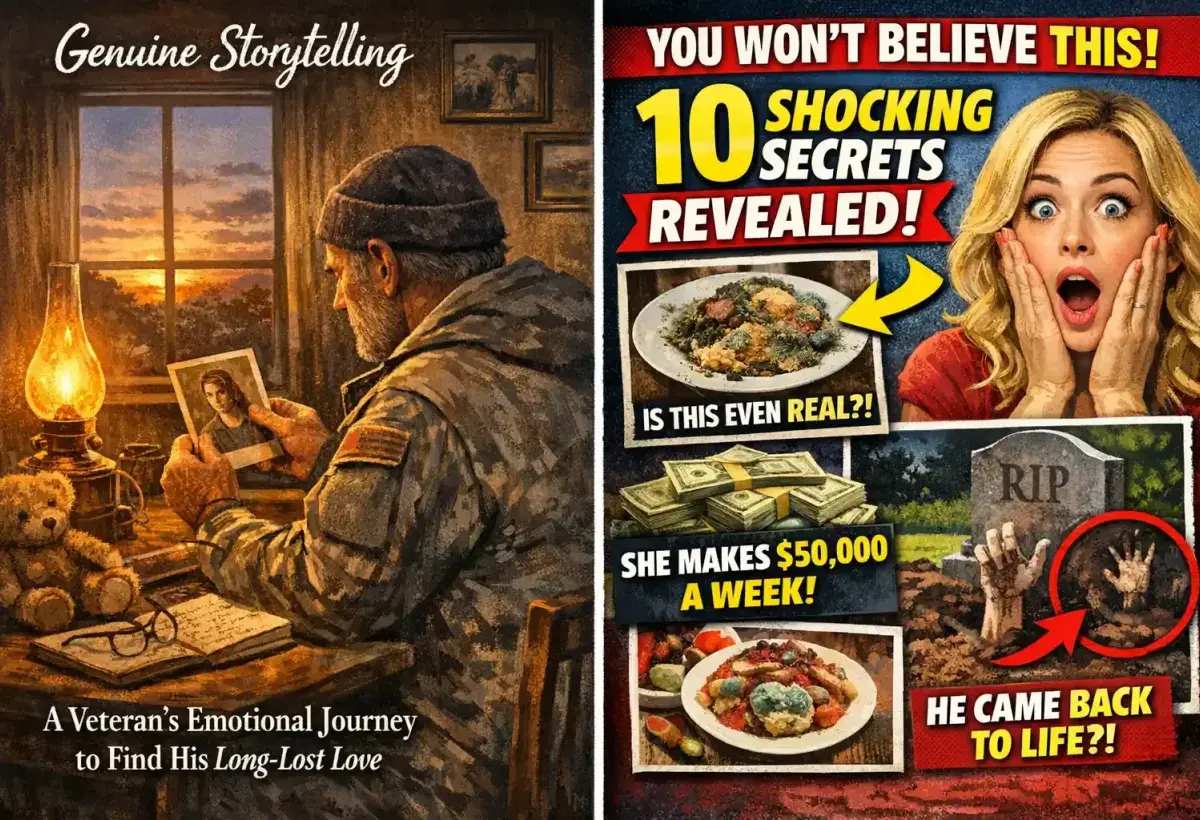 A split image showing genuine storytelling on one side and clickbait on the other
