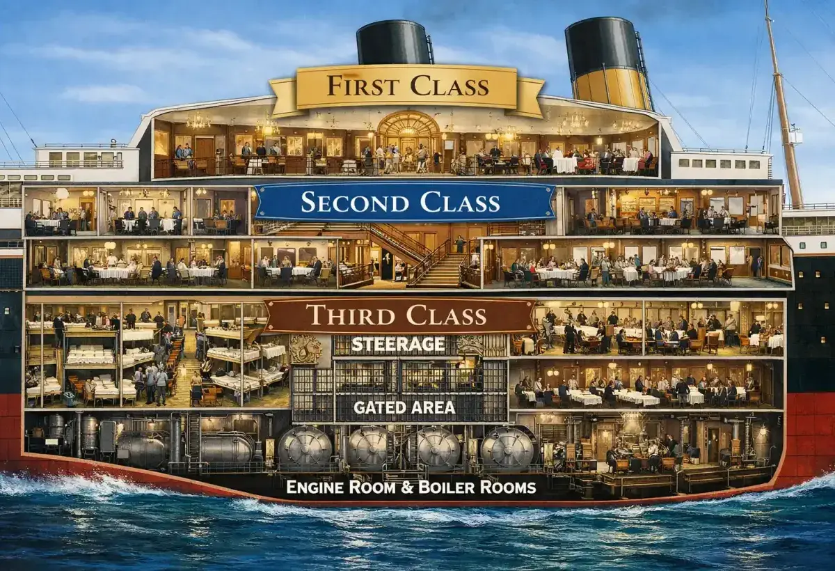 Interior layout of Titanic highlighting class divisions between passengers