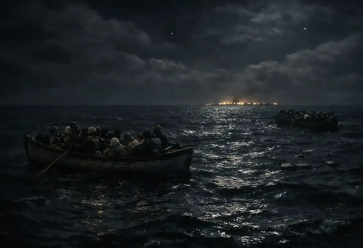 Lifeboats drifting in the dark Atlantic after Titanic sank