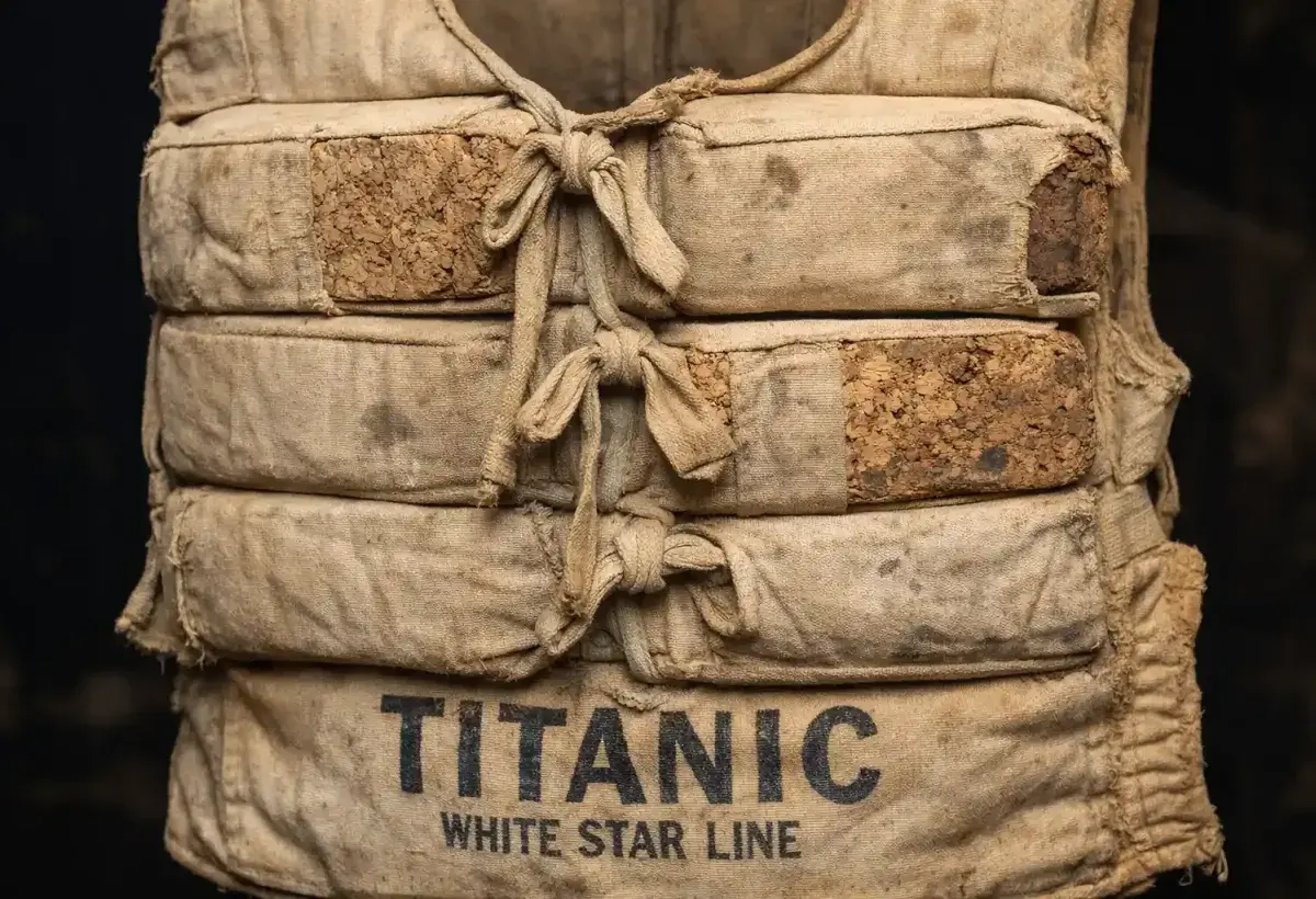 Close up of a preserved Titanic life jacket made of canvas and cork Alt title: Original Titanic life jacket preserved from the 1912 disaster