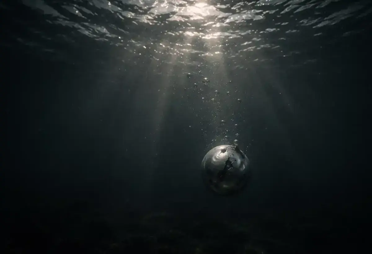 A gray pearl sinking into deep water symbolizing ambition, grief, and irreversible loss in The Pearl