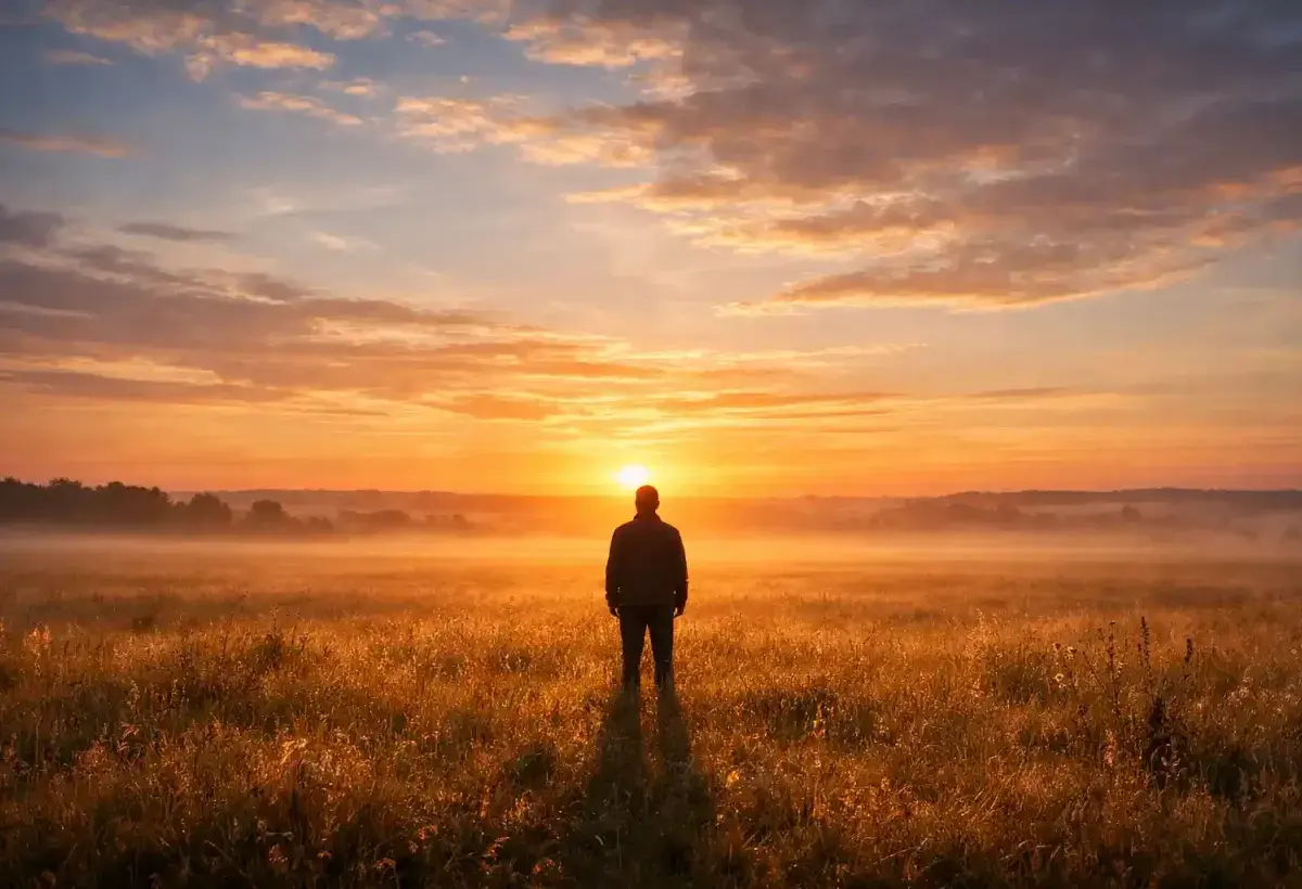  A single person standing in a vast open field at sunrise symbolizing individual human significance within large scale history