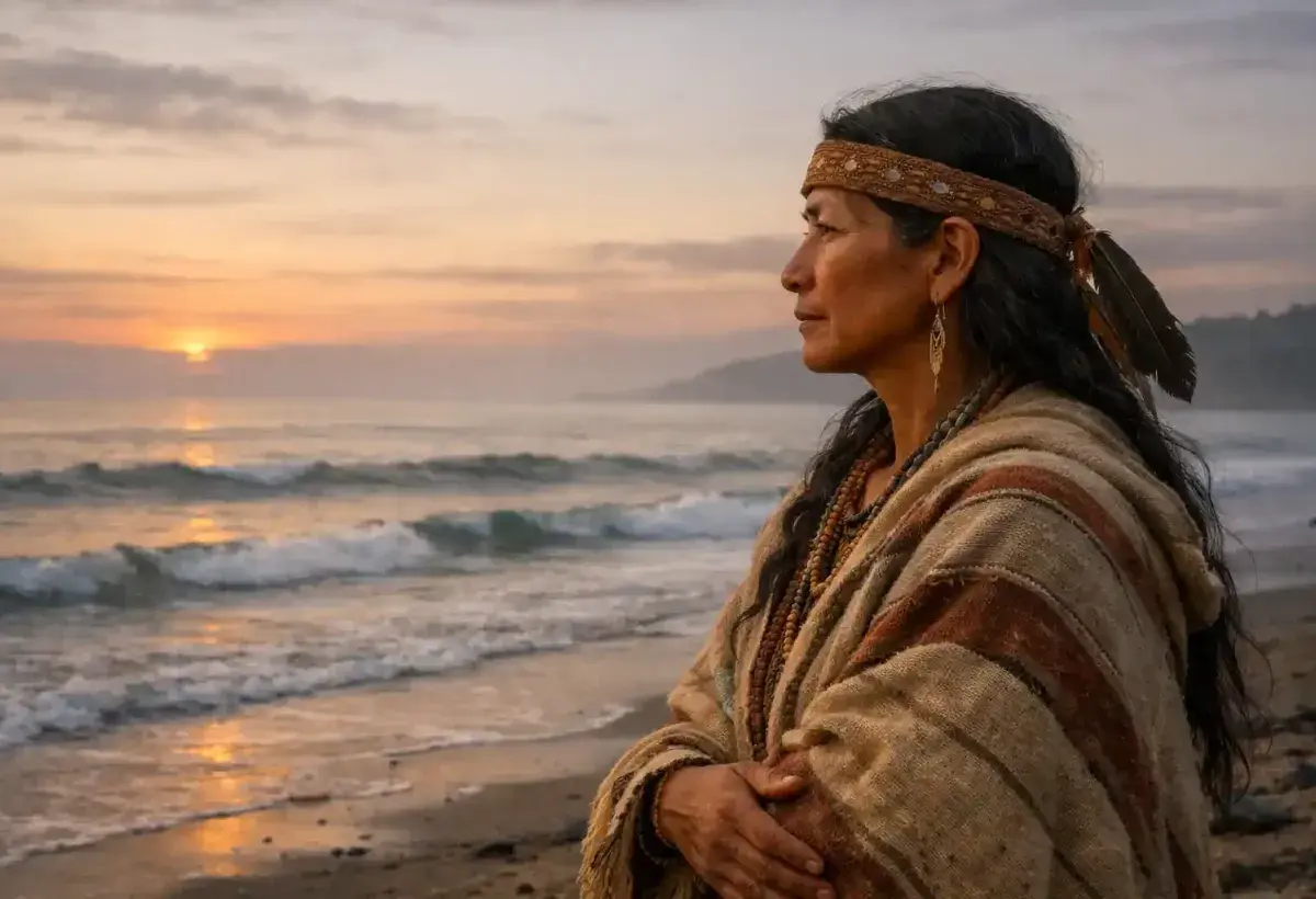 A woman watching the ocean while carrying concern and quiet strength inspired by Juana in The Pearl